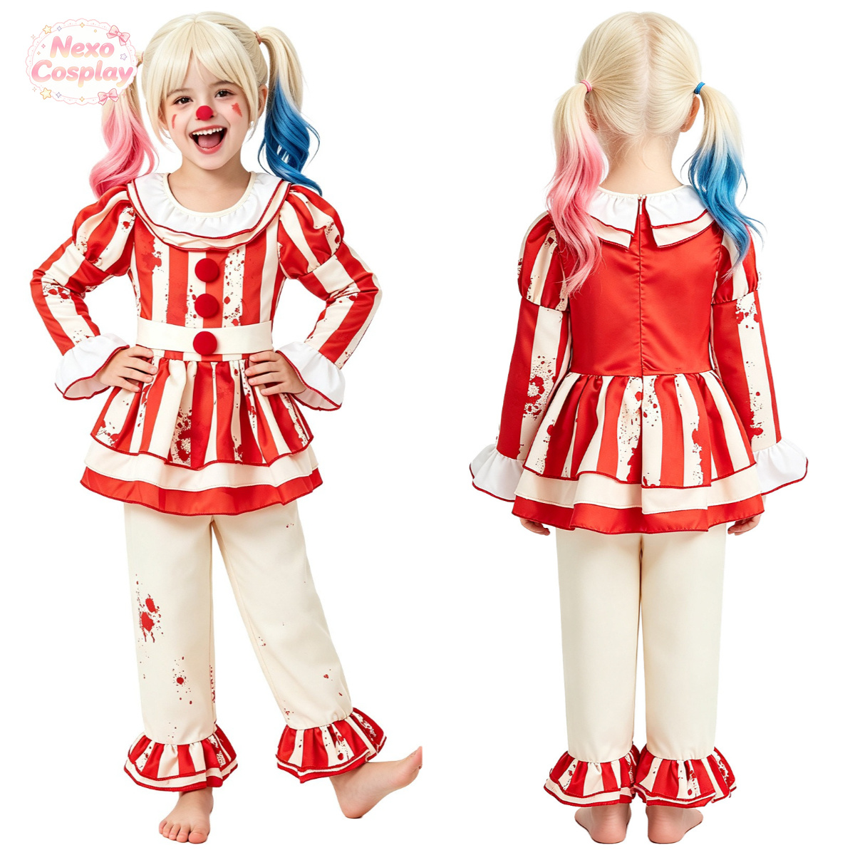 Anime Cosplay Red - Dziecięcy czerwono-biały strój klauna w paski,
